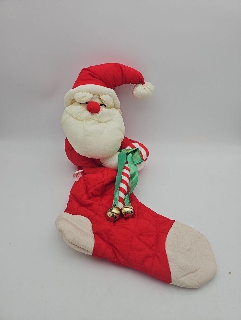 Vintage Christmas Stocking Santa Claus w/ Candy Cane Jingle Bells Holiday